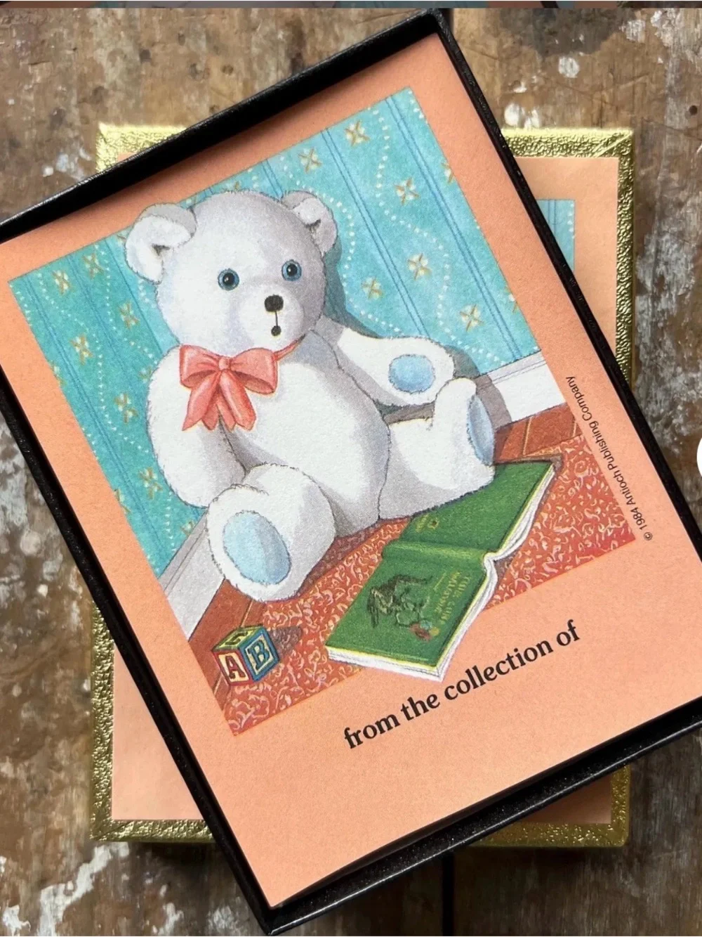 Vintage 80’s Teddy Bear Illustration Box of bookplates with Peach Background